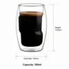 Transparent double wall coffee glass featuring a sculpted inner drinking chamber with curved side contours