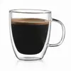 350ml transparent double wall glass coffee mug with clear curved handle and rounded inner drinking chamber