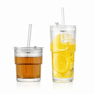 Clear 340ml and 480ml ribbed glass cups with lid and straw for cold beverages
