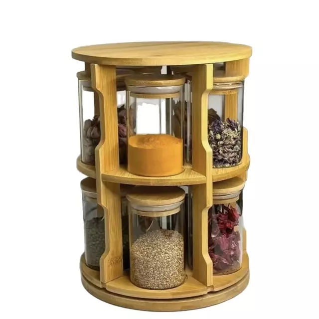 Jiateng rotating glass spice storage jar set with bamboo rack for organized kitchen storage