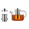 Modern glass tea pot featuring a stainless steel filter and crystal-clear glass body