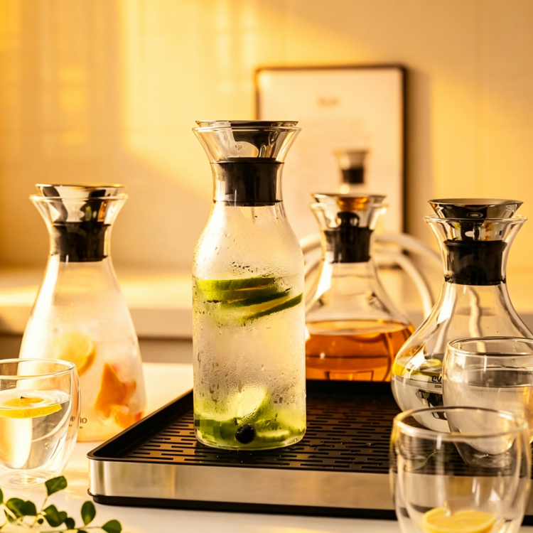 Jiateng glass pitcher with black lid, elegant and functional, great gift for housewarming, holidays, or birthdays