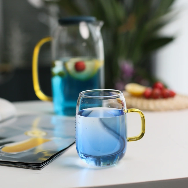 Modern glass pitcher with cups for home kitchen and dining table decoration