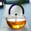 Contemporary clear glass teapot with ergonomic colorful handle for modern tea rituals
