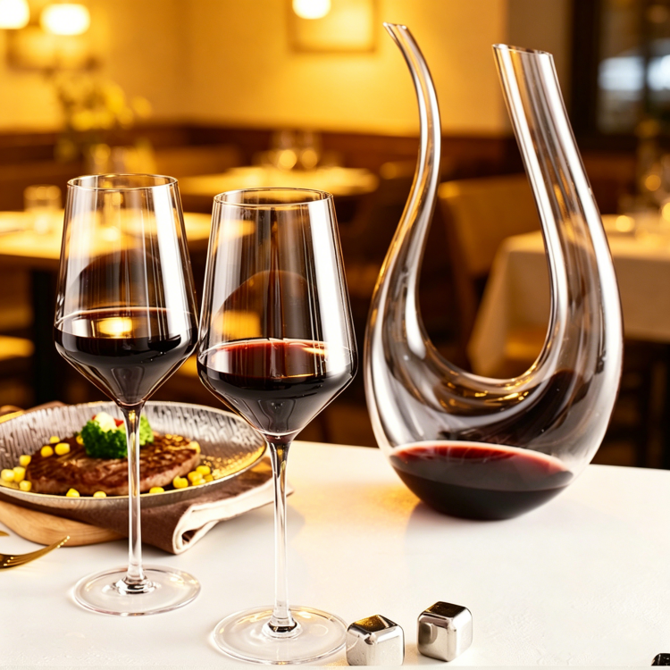 Jiateng clear glass decanter and matching wine glasses, crafted for aeration and presentation, perfect for home or professional use