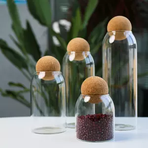 Jiateng transparent glass storage bottles with cork ball lids for tea coffee grains and kitchen organization
