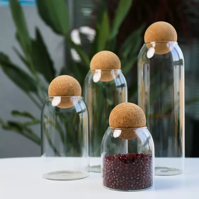 Jiateng transparent glass storage bottles with cork ball lids for tea coffee grains and kitchen organization