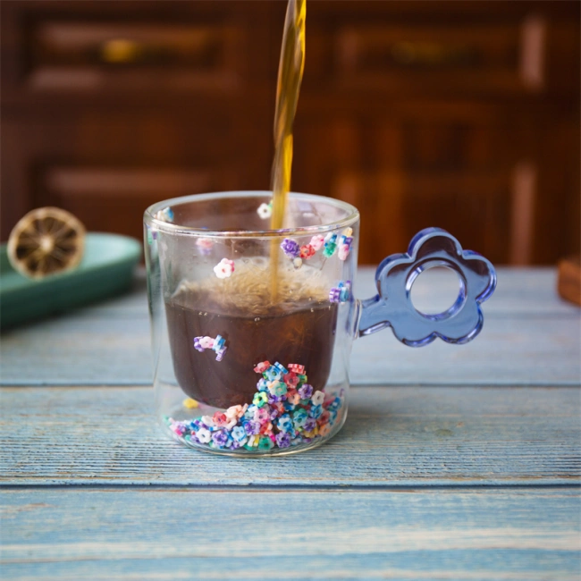  jiateng double wall confetti glass cup, flower handle borosilicate coffee mug