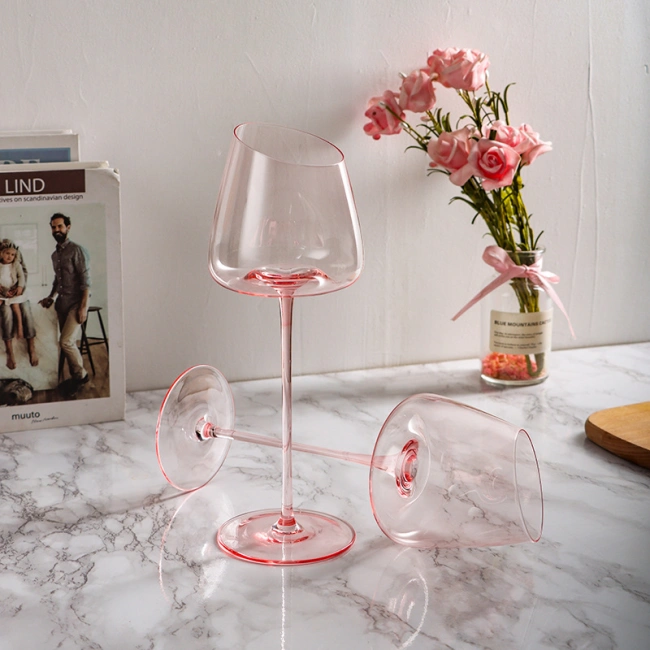 Luxury pink stem wine goblet with modern tilted design for wedding party decoration