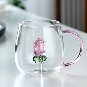Jiateng 3D rose glass cup with pink flower design inside, perfect for tea, coffee, or hot beverages, stylish and decorative