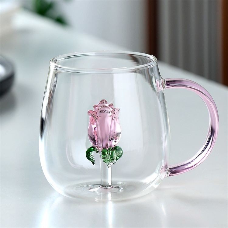 Jiateng 3D rose glass cup with pink flower design inside, perfect for tea, coffee, or hot beverages, stylish and decorative