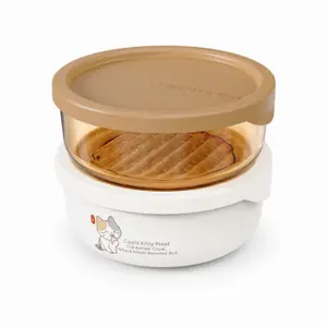 Round stackable food storage containers available in 300ml 450ml and 650ml sizes with beige lids transparent bodies and white bases
