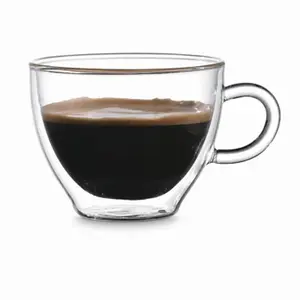 70ml transparent double wall espresso glass cup with wide circular rim and clear side handle