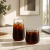 Modern clear glass tumblers with iced cold brew coffee on a kitchen countertop