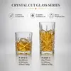 Decorative short whiskey tumbler with angular geometric pattern for whiskey and ice