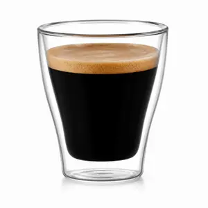 JT-D108 250ml transparent double wall coffee glass with wide circular rim and tapered inner chamber