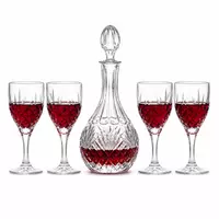 Vintage cut glass red wine decanter set with four matching stemmed wine glasses