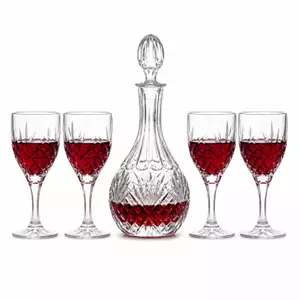 Vintage cut glass red wine decanter set with four matching stemmed wine glasses