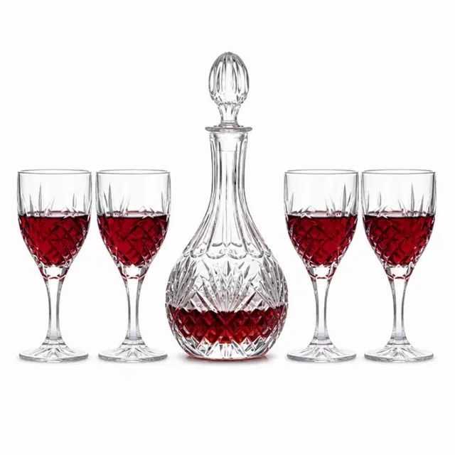 Vintage cut glass red wine decanter set with four matching stemmed wine glasses