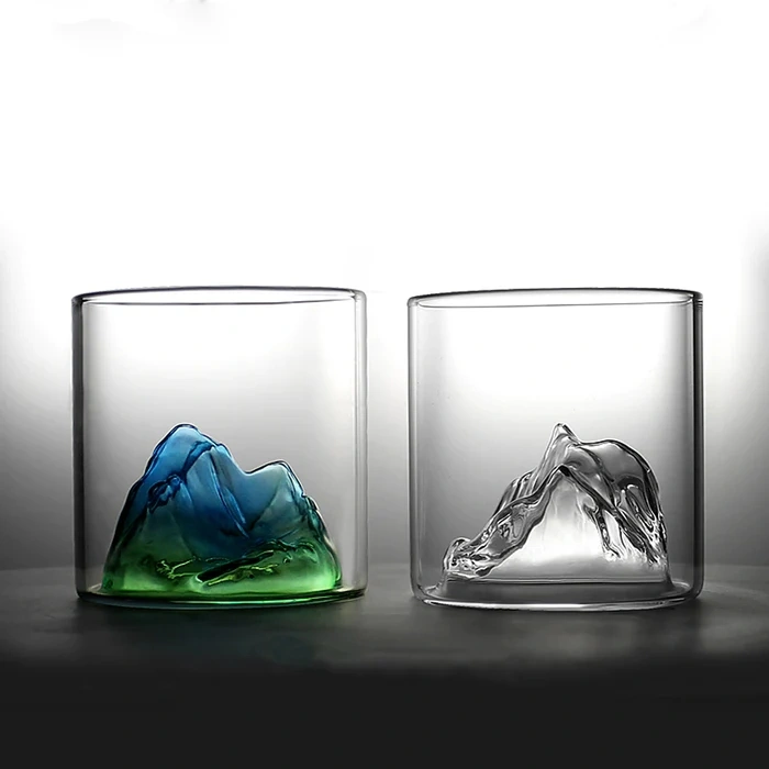 Jiateng collection of three creative color ice cube glasses in blue, amber, and layered designs, ideal for bar sets, gifts, and stylish home serving.