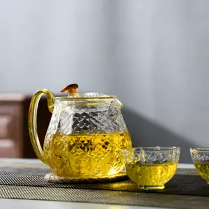 Jiateng hammered borosilicate glass teapot with golden handle and tea cups