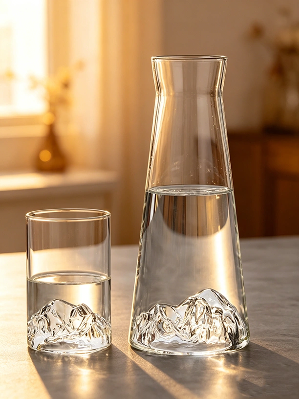 Transparent glass water carafe with mountain-shaped base design and matching drinking glass on warm cream background by Jiateng