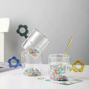 jiateng blue flower handle glass cup, double wall confetti filled coffee mug