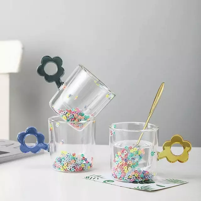 jiateng blue flower handle glass cup, double wall confetti filled coffee mug