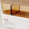 Front view of 1060ml stackable food storage container measuring 22.4cm in length and 7.6cm in height with beige lid and white base