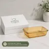 Top view of a 1.3L amber rectangular glass baking dish with rounded corners, a spacious interior and two integrated side handles.