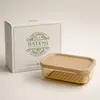 Technical specification views showing the top front side and bottom dimensions of 560ml and 800ml rectangular glass food storage containers