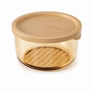 Round single layer glass food storage containers in 300ml 450ml and 650ml capacities with transparent amber glass bodies and beige PP lids