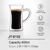 400ml double wall glass coffee mug measuring 155mm in height 90mm in diameter and 130mm including handle