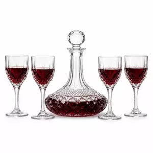 decorative red wine decanter set with four stemmed wine glasses for elegant wine serving