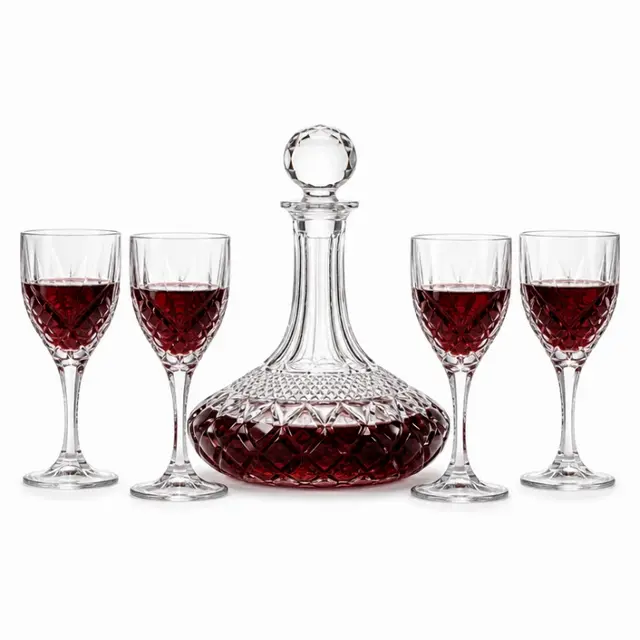 decorative red wine decanter set with four stemmed wine glasses for elegant wine serving