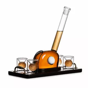 Golf whiskey decanter set with golf club inspired bottle and four themed glasses