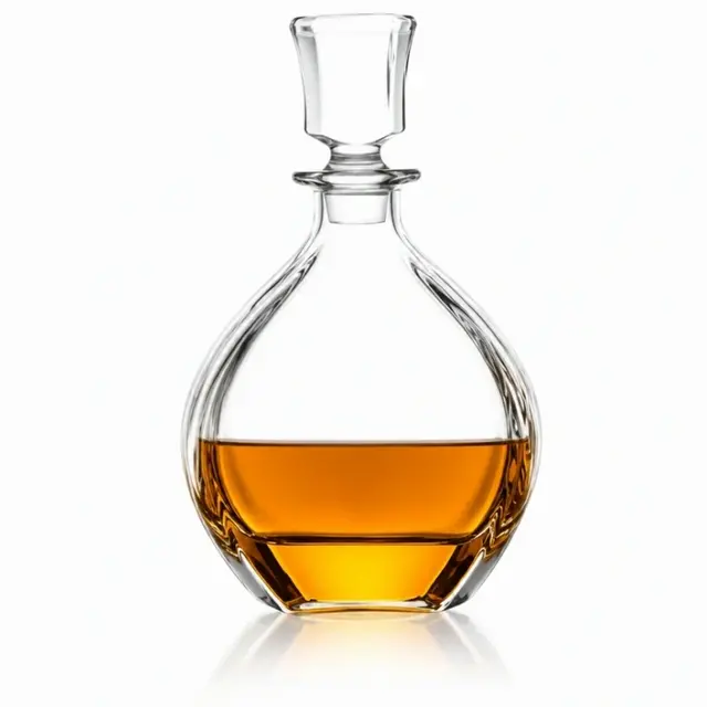 Teardrop whiskey decanter with rounded clear body and decorative glass stopper
