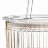 Model 20920C 340ml ribbed glass cup with lid and straw measuring 87.5mm diameter
