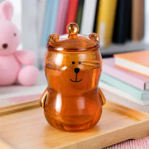 Cute bear glass mug with decorative lid for tea and coffee