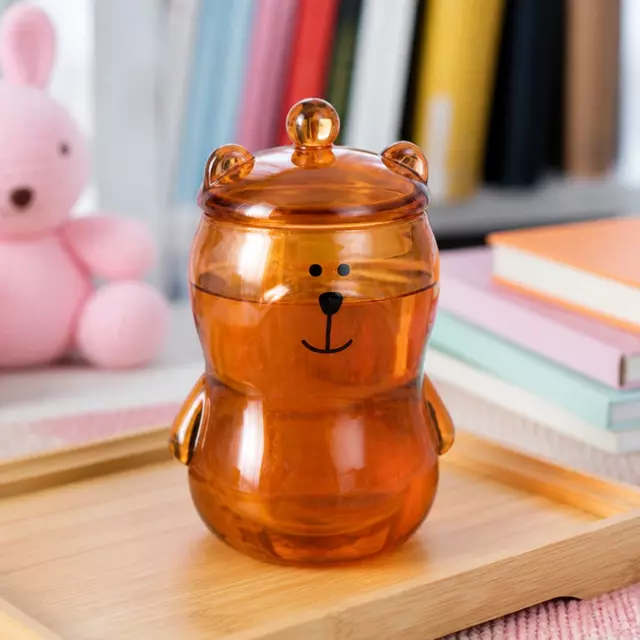 Cute bear glass mug with decorative lid for tea and coffee