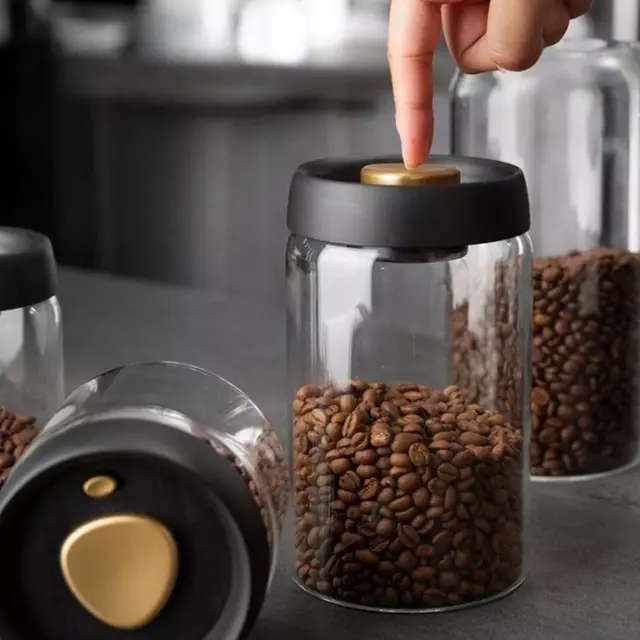 Jiateng vacuum glass coffee bean storage canister with airtight press lid for fresh coffee beans