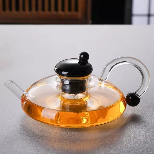 Modern flat borosilicate glass teapot with built-in glass infuser for loose leaf tea