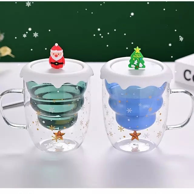 Jiateng insulated Christmas glass mug with Santa lid and snowflake design for hot cocoa.