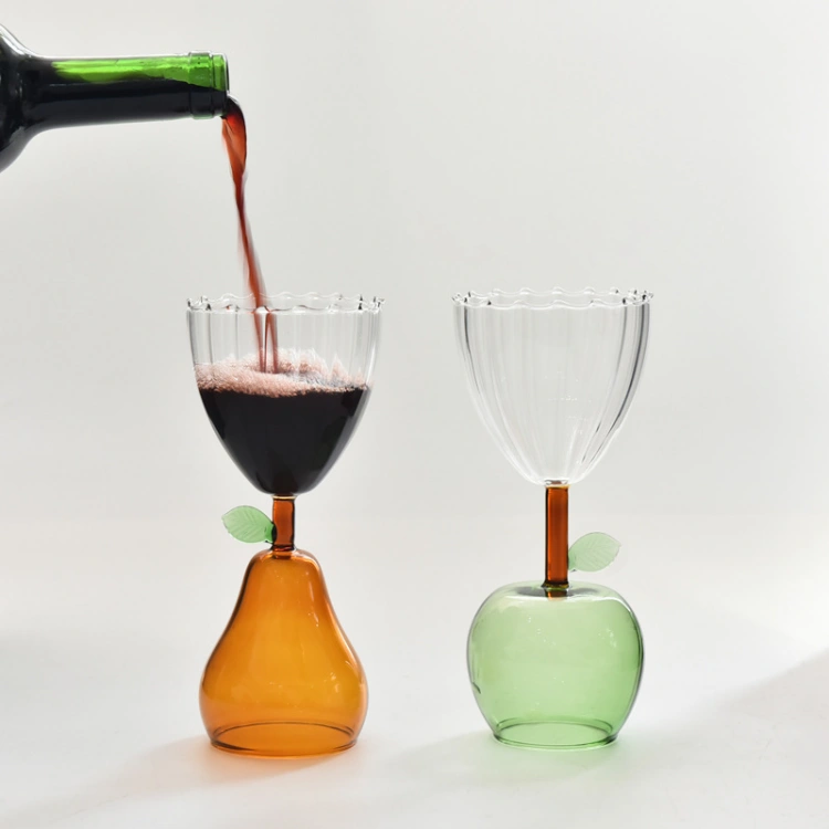 Creative clear glass cups with apple and pear bases, designed for cocktails, juices, and tea, perfect for modern home décor