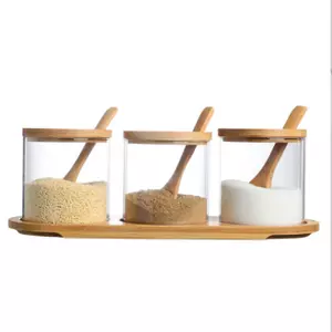Jiateng transparent glass spice jars with bamboo lids and wooden spoons for sugar coffee salt and seasoning storage