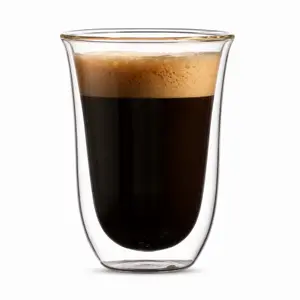 300ml transparent double wall glass coffee cup with flared circular rim and curved handleless body