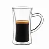 400ml transparent double wall glass coffee mug with an hourglass shaped body and curved glass handle