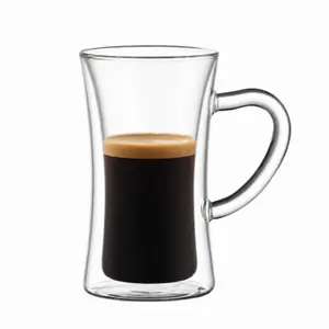 400ml transparent double wall glass coffee mug with an hourglass shaped body and curved glass handle