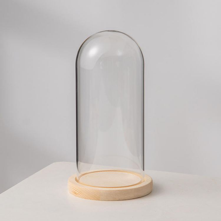 Clear glass cloche with wooden base from Jiateng, ideal for showing off collectibles, flowers, or small ornaments elegantly