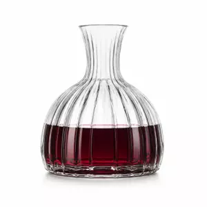 Ribbed glass wine decanter with wide base and elegant narrow neck